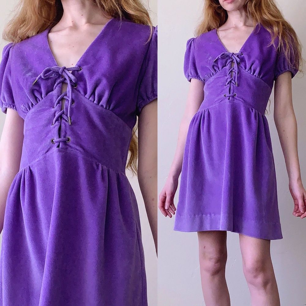 vintage 70s velour puff sleeve mini dress medium